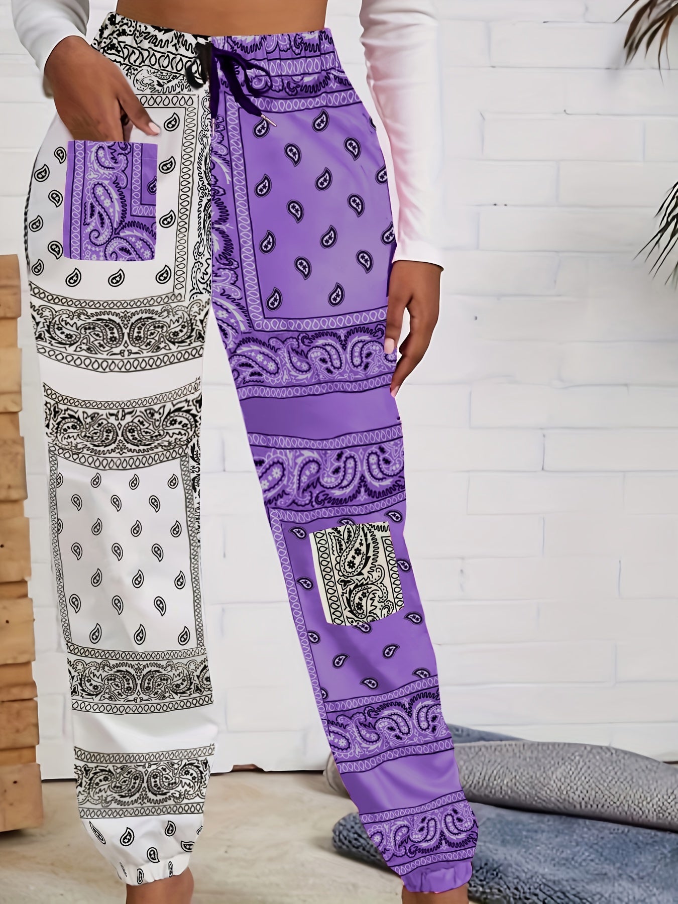  Boho Pants Women's Paisley Print Drawstring Pants
