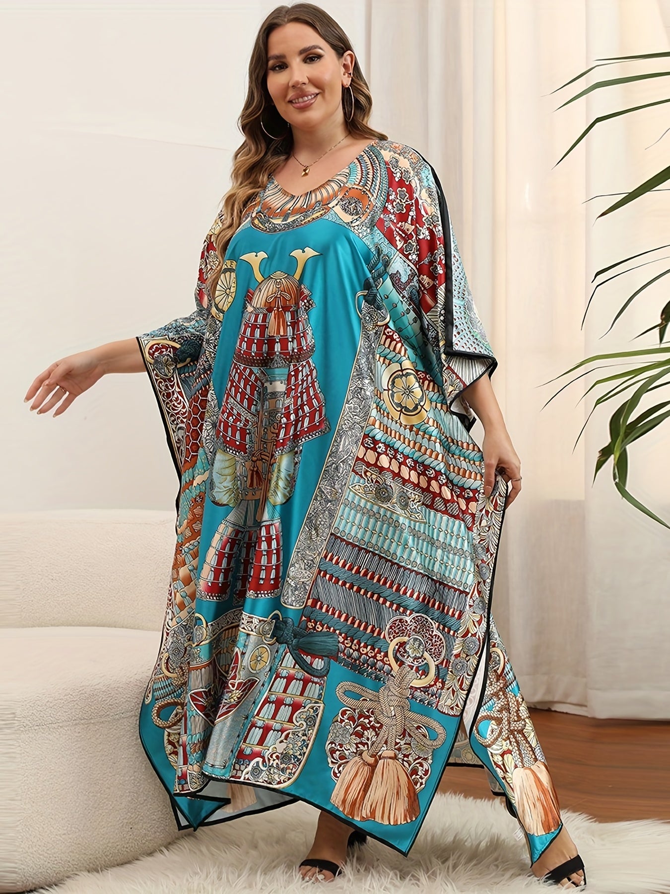  Boho Cover Up Women's Plus Graphic Print Bat Sleeve V Neck