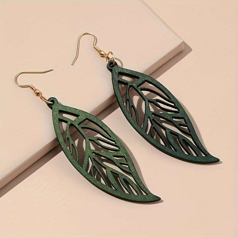 Hollow Leaf Dangle Earrings Bohemian Style Wooden Jewelry