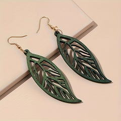 Hollow Leaf Dangle Earrings Bohemian Style Wooden Jewelry
