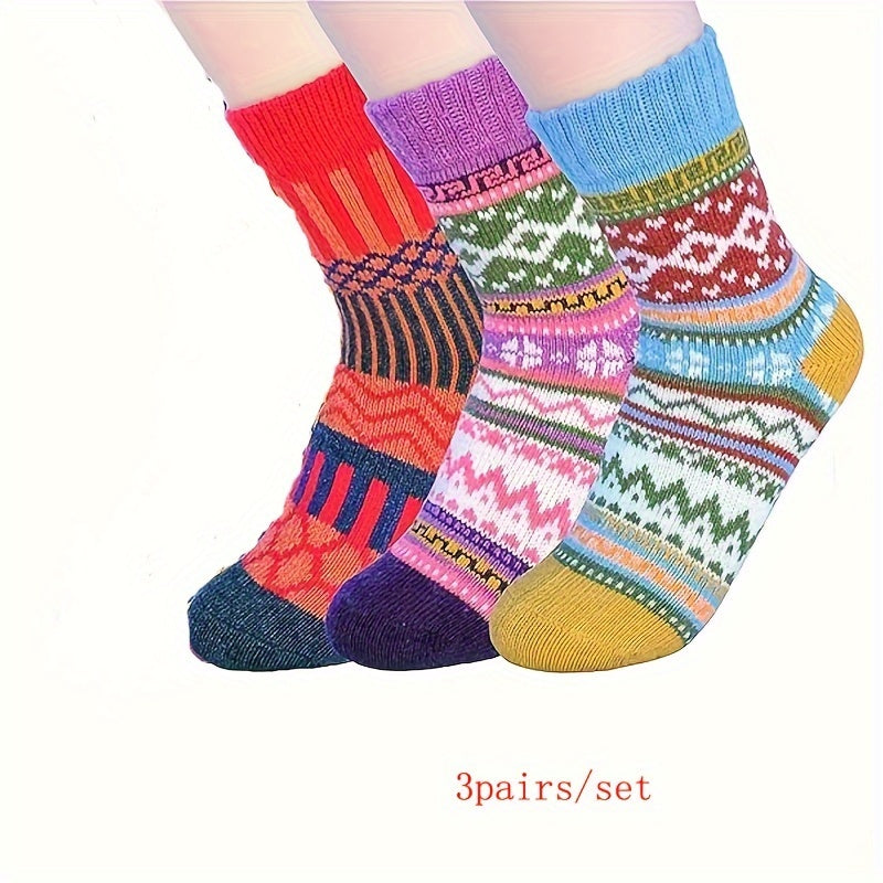 3 Pairs Vintage Warm Cotton Socks Winter Crew Socks