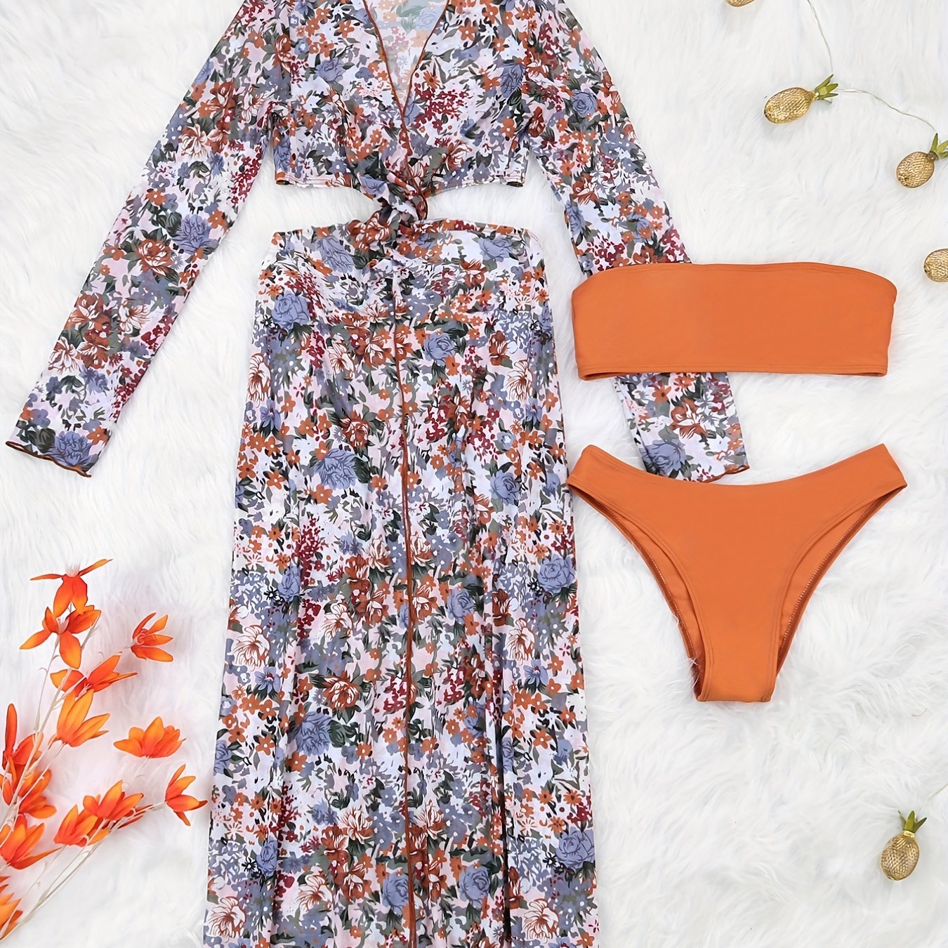 Floral Bandeau Bikini Set With Long Sleeve Cover Up