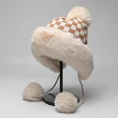 Fashionable Plaid Knit Plus Fur Ball Winter Hat
