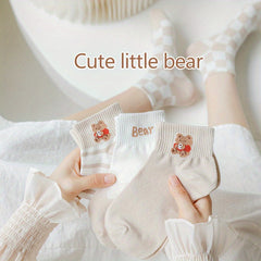 6 Pairs Bear Print Striped Socks Crew Short Stockings