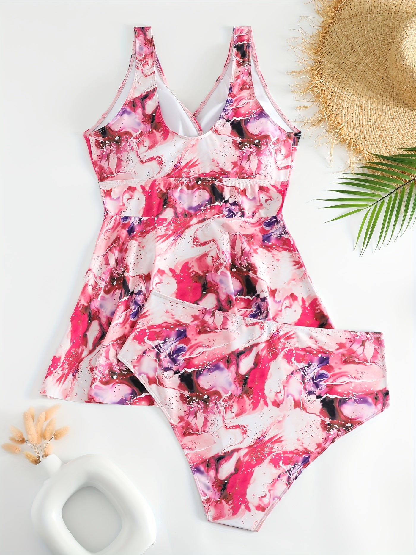  Marble Print Tankini Set with Surplice Neck Dress & Shorts