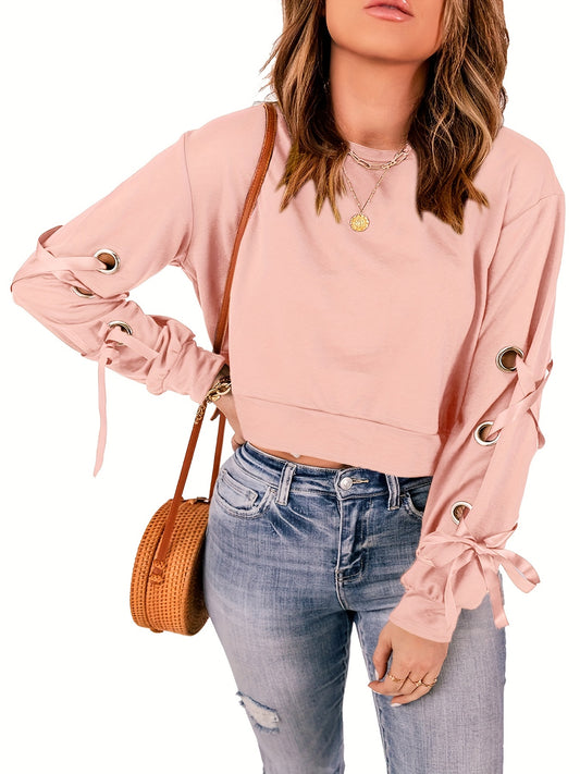 Solid Crew Neck Crop Sweatshirt Lace Up Long Sleeve