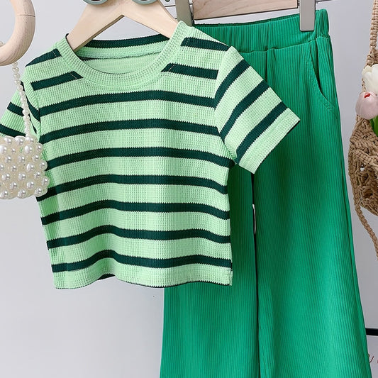 Toddler Girl's Cable Knit 2pcs Stripe Pattern T shirt & Ribbed Pants Set