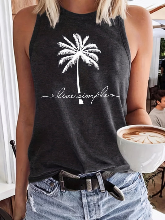 Coconut Tree Print Tank Top Sleeveless Crew Neck Casual Tops Women