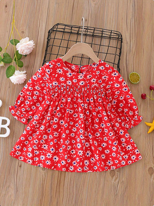 Baby Girls Floral Shirred Puffy Long Sleeve Dress