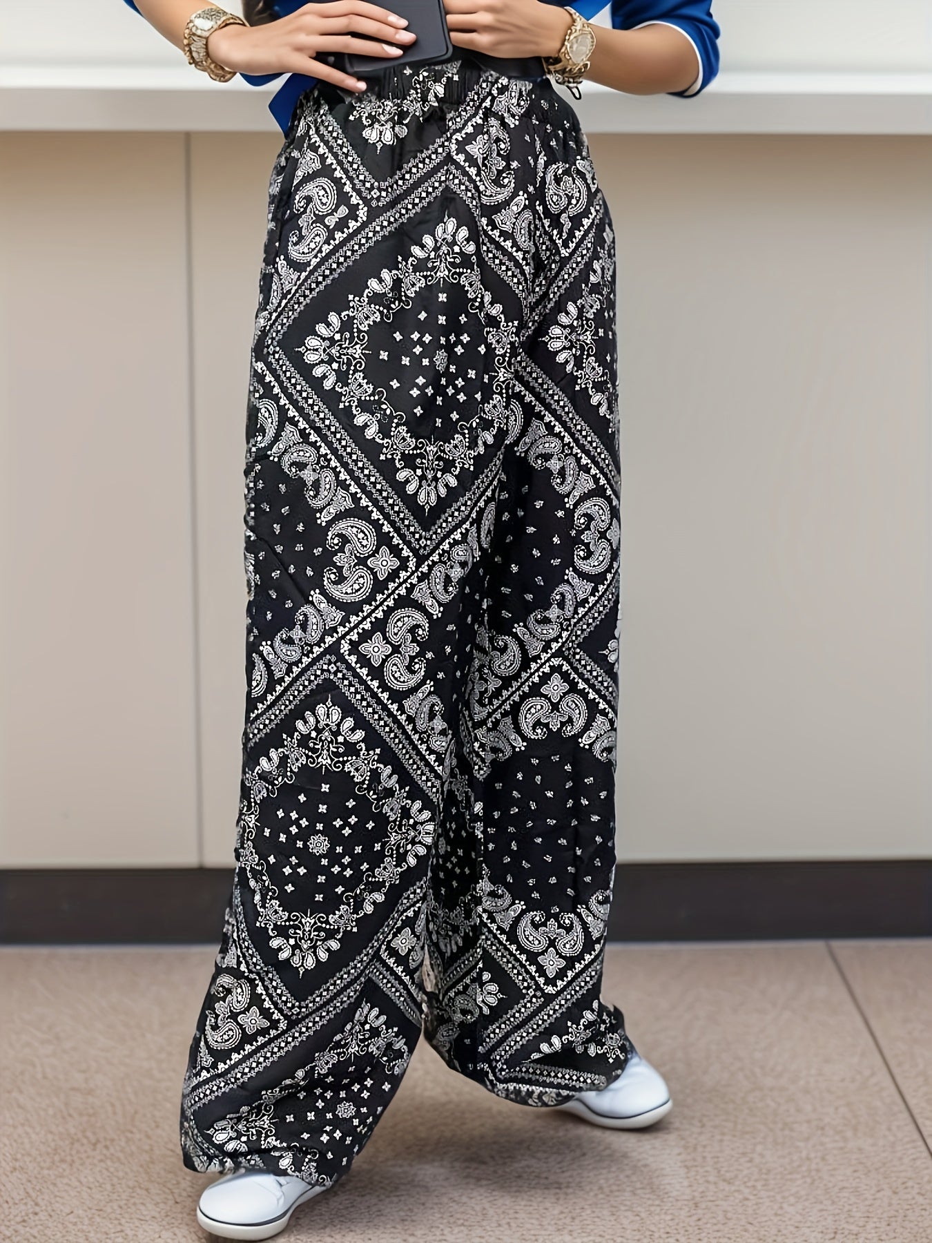  Boho Wide Leg Beach Trousers Elastic Waist Paisley Print Pants