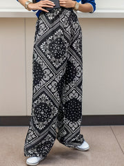  Boho Wide Leg Beach Trousers Elastic Waist Paisley Print Pants