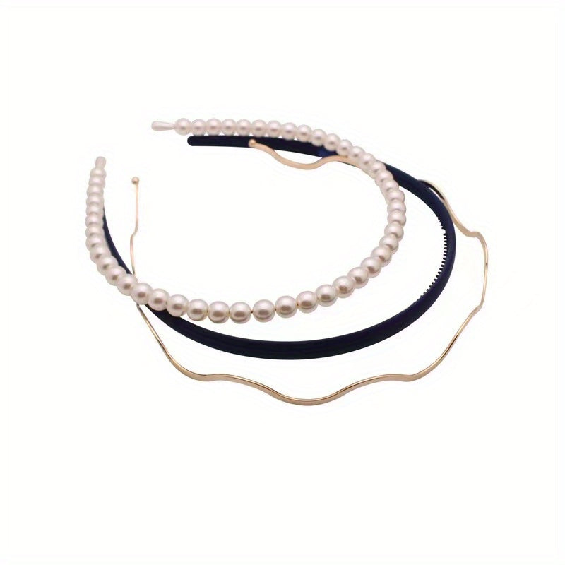 3pcs Faux Pearl Decor Headband Set, Matte Headdress Metal Hair Accessories