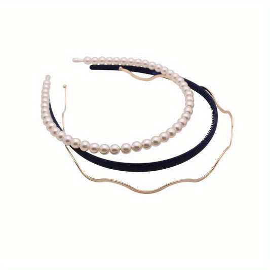 3pcs Faux Pearl Decor Headband Set, Matte Headdress Metal Hair Accessories