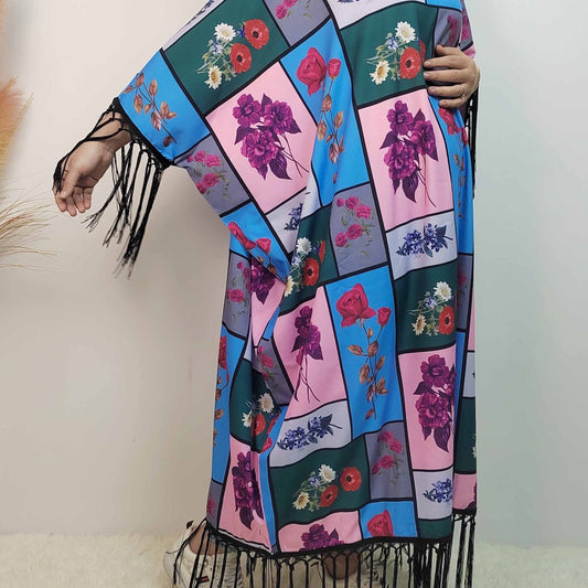  Colorblock Floral Kaftan Dress Tassel Decor Maxi Dress
