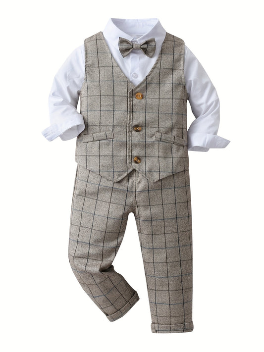 Boys Formal Outfit Set Long Sleeve Bowtie Shirt Pants Vest