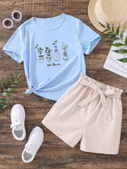 Girls Flowers Graphic Tee & Belted Shorts Set Summer Outfit