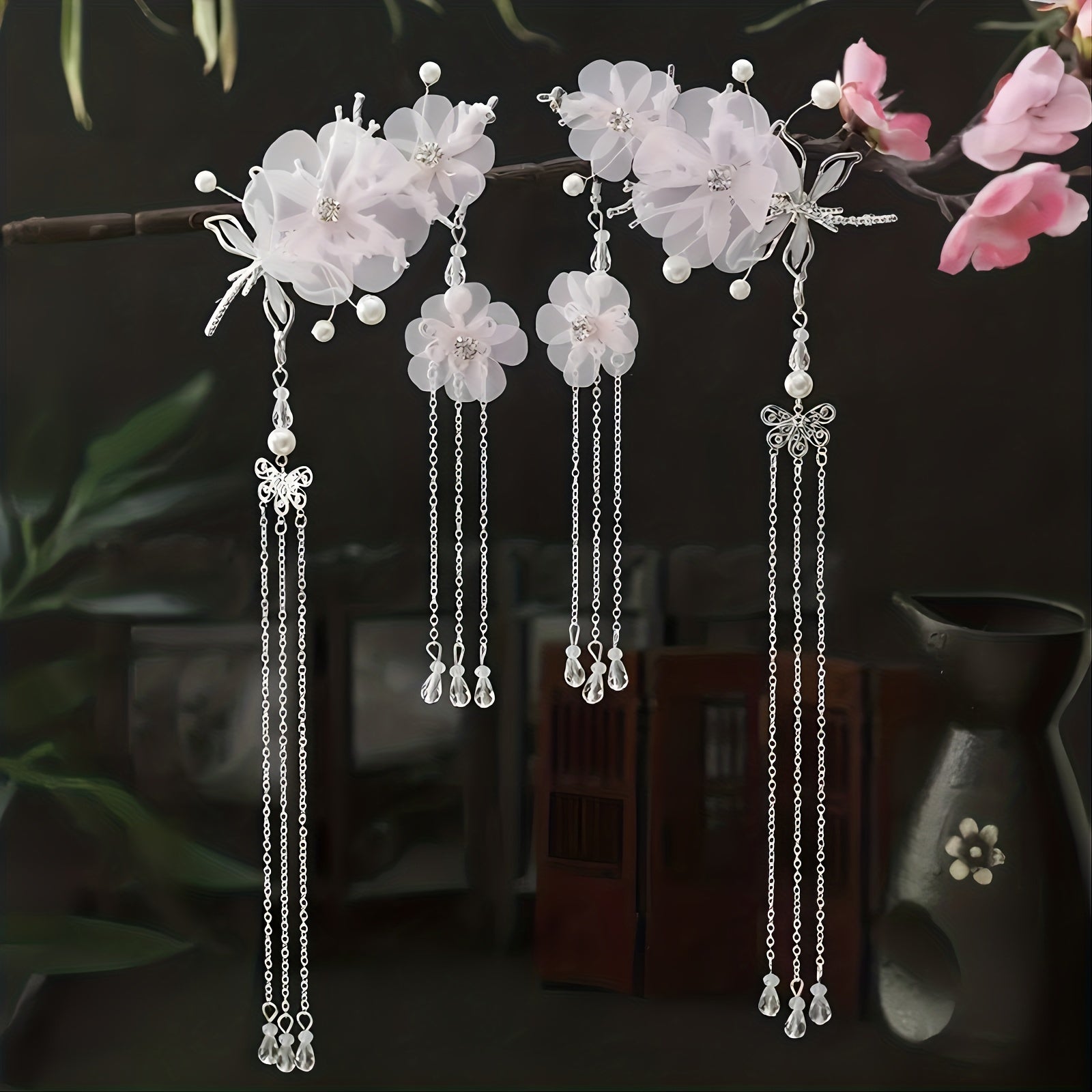 Flower & Tassel Decor Hair Clip Rhinestone Earrings Set