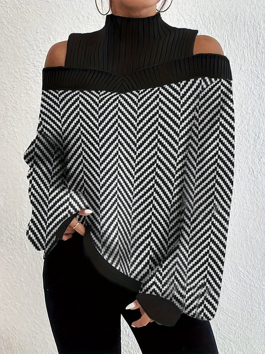  Colorblock Chevron Print Cold Shoulder Long Sleeve Jumpsuit
