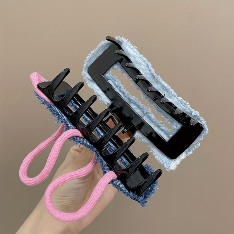Denim Hair Claw With Pink Rope Y2K Hair Claw