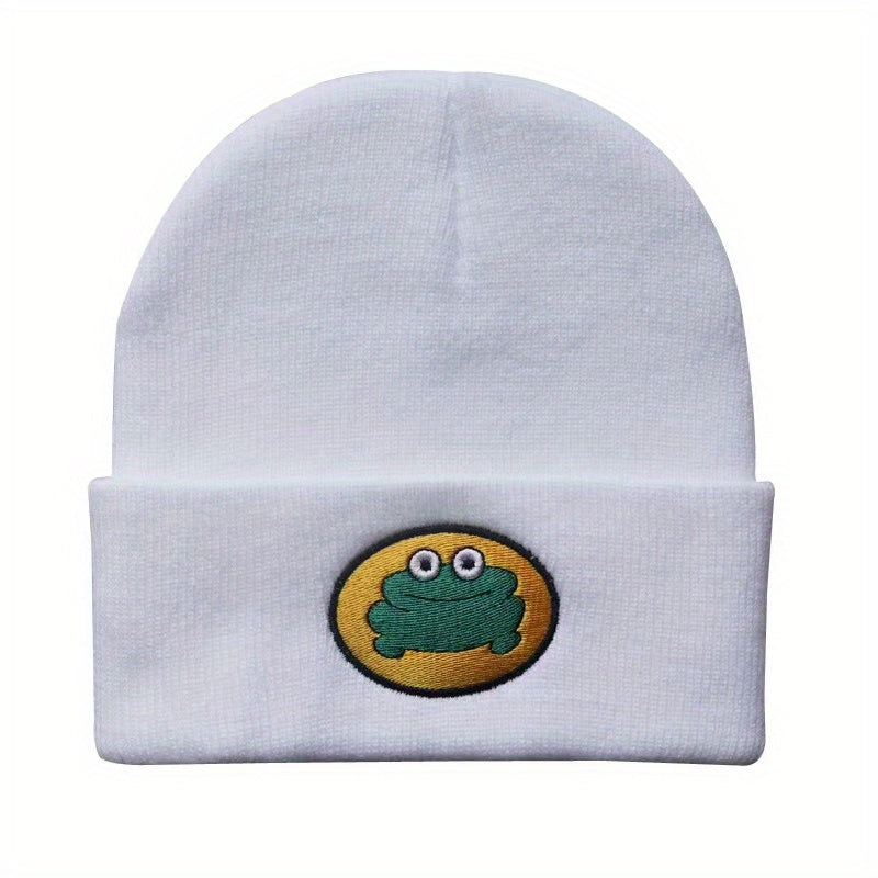 Cartoon Frog Embroidery Beanie Hat Warm Unisex Ski Cap