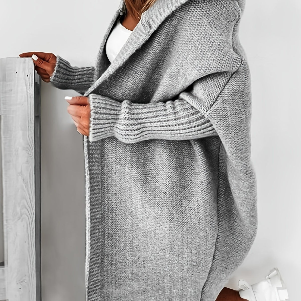 Solid Bat Sleeve Hooded Cardigan