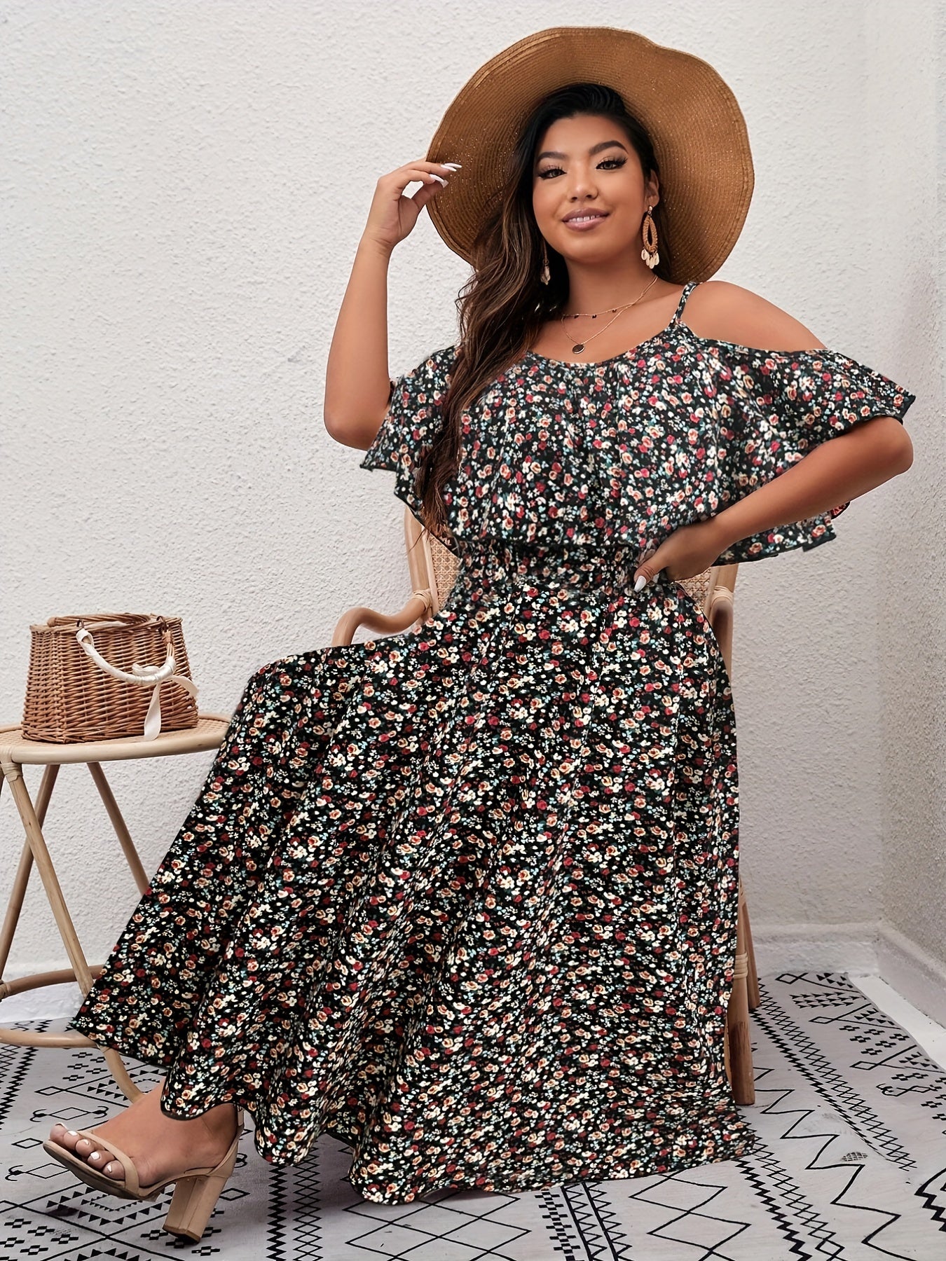  Ditsy Print Cold Shoulder Ruffle Trim Midi Dress