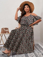  Ditsy Print Cold Shoulder Ruffle Trim Midi Dress