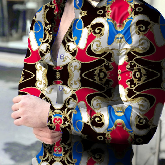 Baroque Style Print Men's Casual Button Up Long Sleeve Shirt