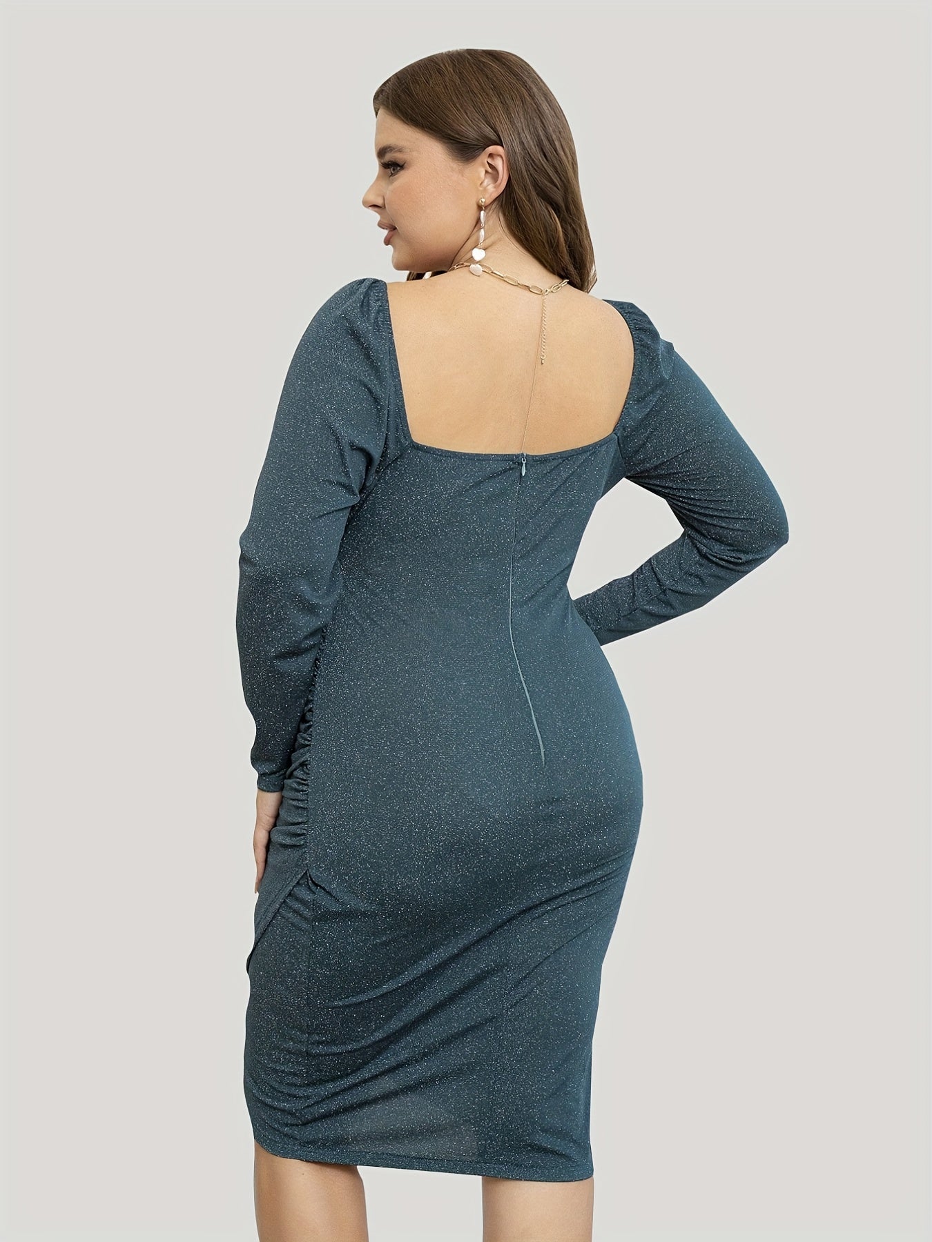  Solid Shinny Surplice Neck Long Sleeve Wrap Cocktail Dress