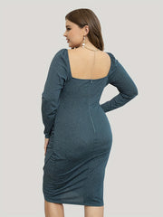  Solid Shinny Surplice Neck Long Sleeve Wrap Cocktail Dress