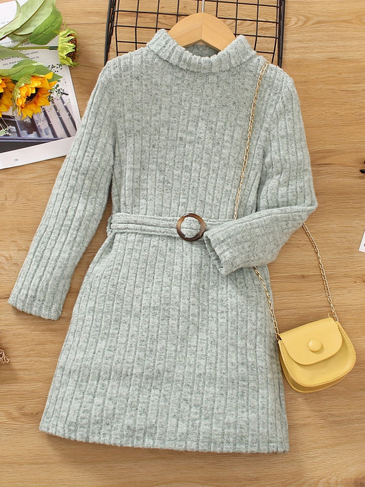 Toddler Girl Knitted Turtleneck Belted Sweater Dress