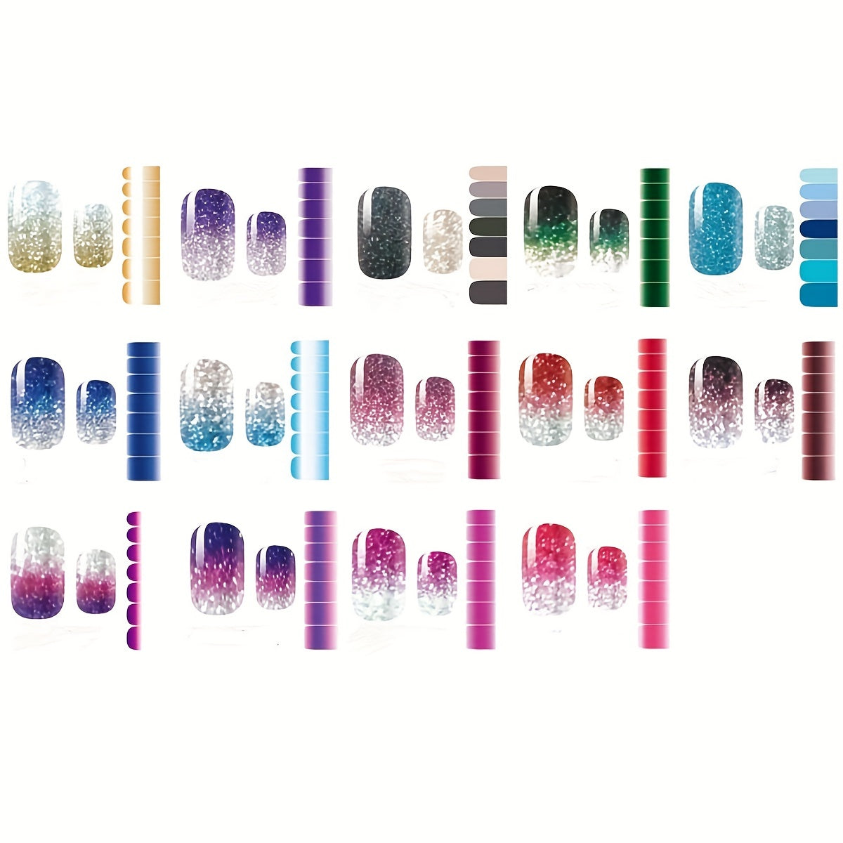 14 Sheets Gradient Glitter Nail Stickers Set Full Wraps Polish Stickers Decal St