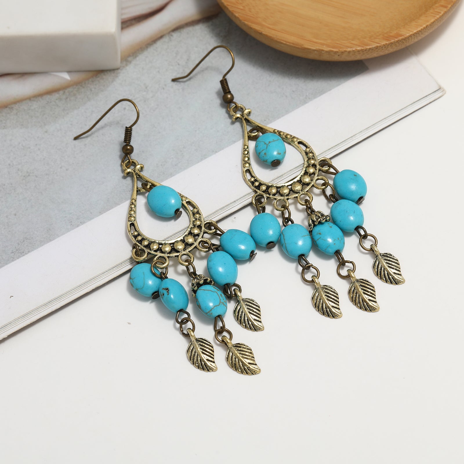 Vintage Boho Turquoise Leaf Dangle Earrings Women's Casual Jewelry