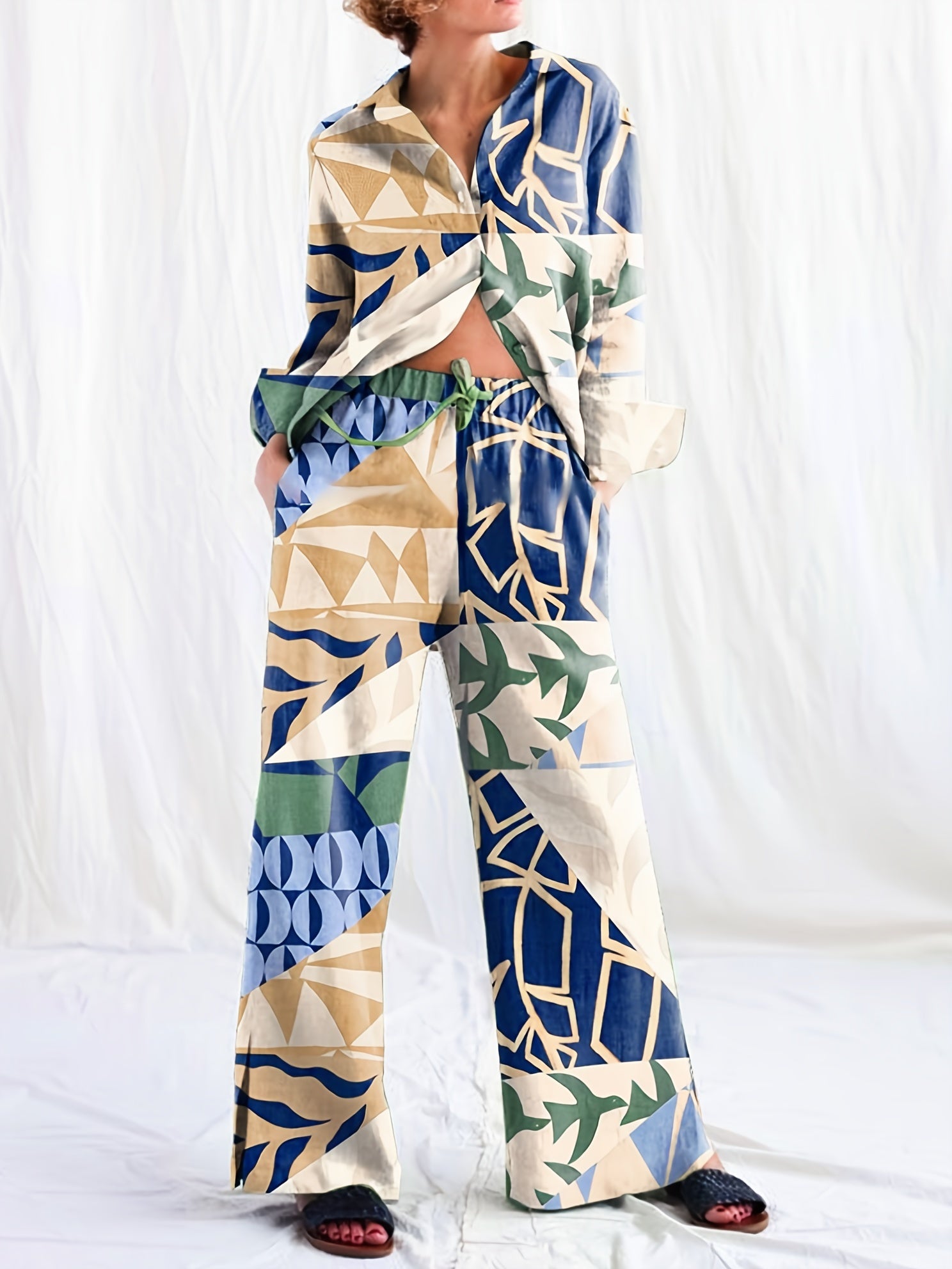  Patchwork Print Shirt & Pants Outfits Set