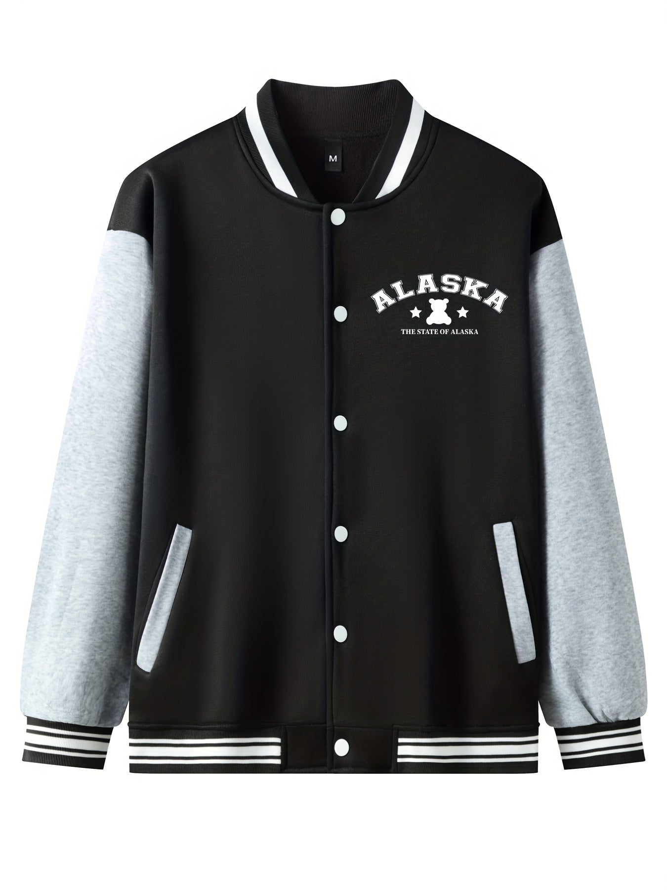 Bear Pattern Embroidery Varsity Jacket Men's Casual Button Up Jacket