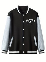 Bear Pattern Embroidery Varsity Jacket Men's Casual Button Up Jacket