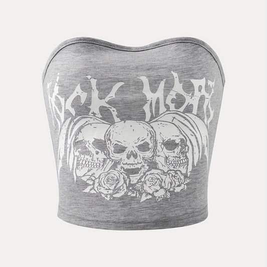 Skull Print Crop Tube Top Y2K Sexy Strapless Top For Summer