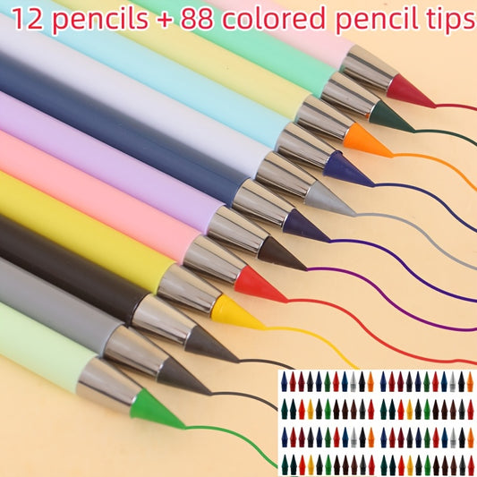12 Pencil Leads, 88 Colored Lead Tips Inkless Pens for Reusable Writing