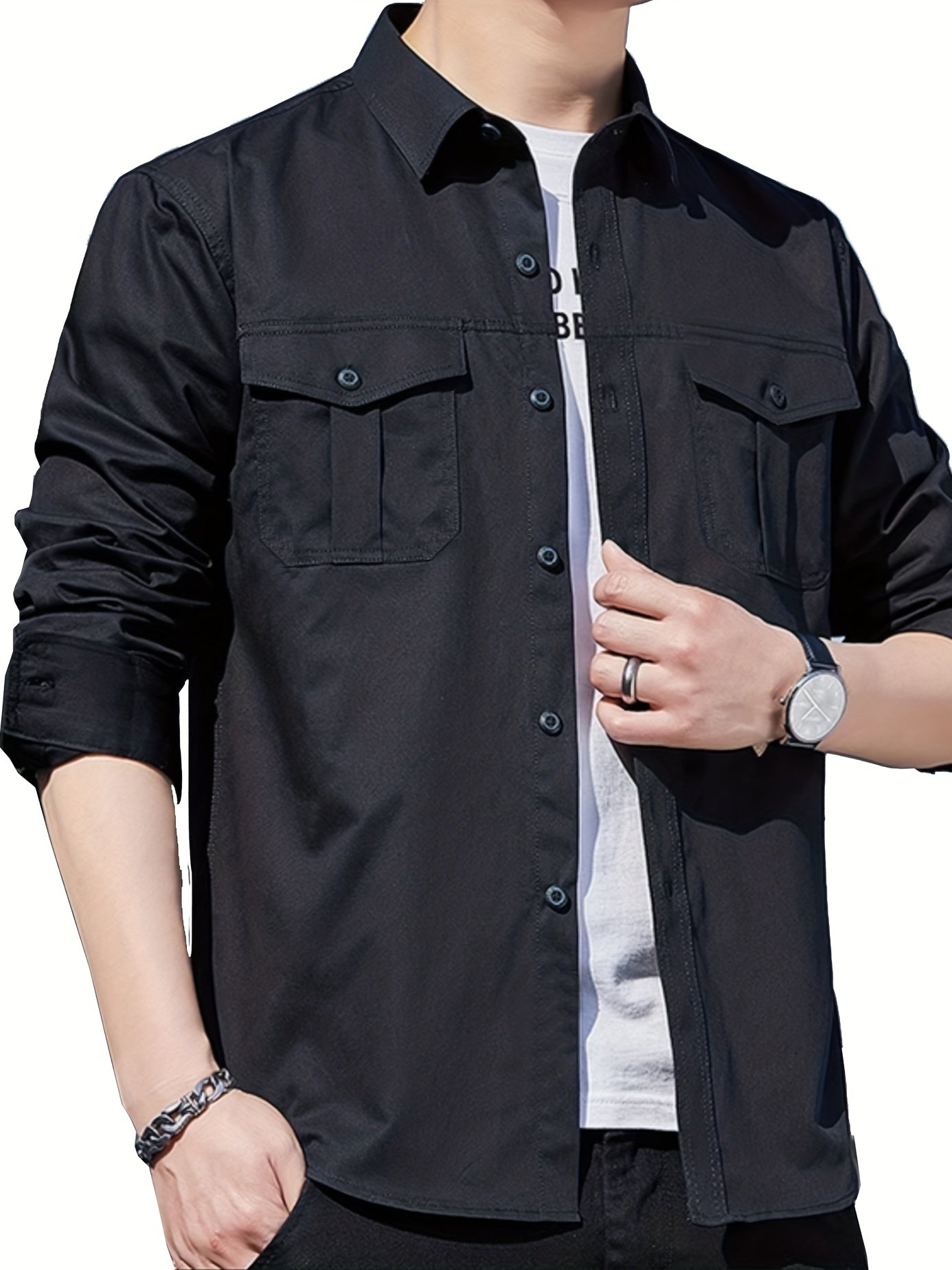 Men's Solid Cargo Shirts Casual Button Up Long Sleeve Shirt