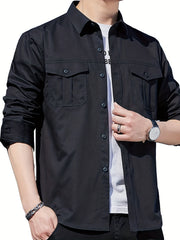 Men's Solid Cargo Shirts Casual Button Up Long Sleeve Shirt
