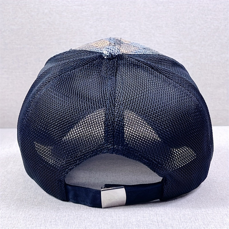 Sequin Block Trucker Hat Y2K Mesh Breathable Sunshade Baseball Cap