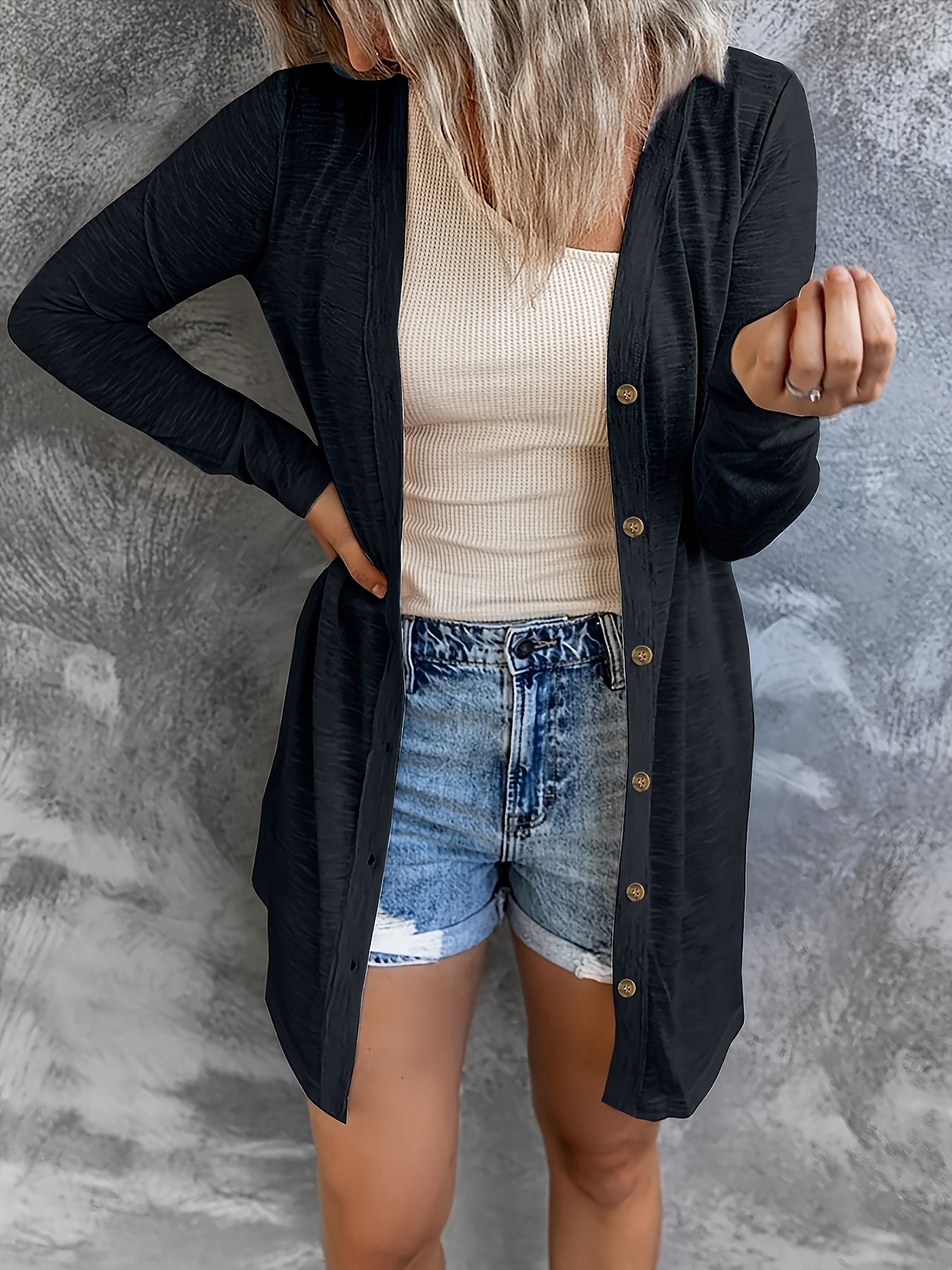  Solid Button Up Long Sleeve Cardigan