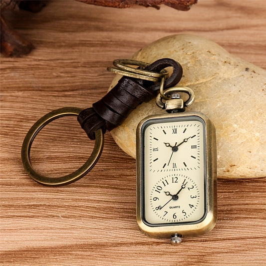 Vintage Bronze Square Double Timing Core Keychain Pocket Watch