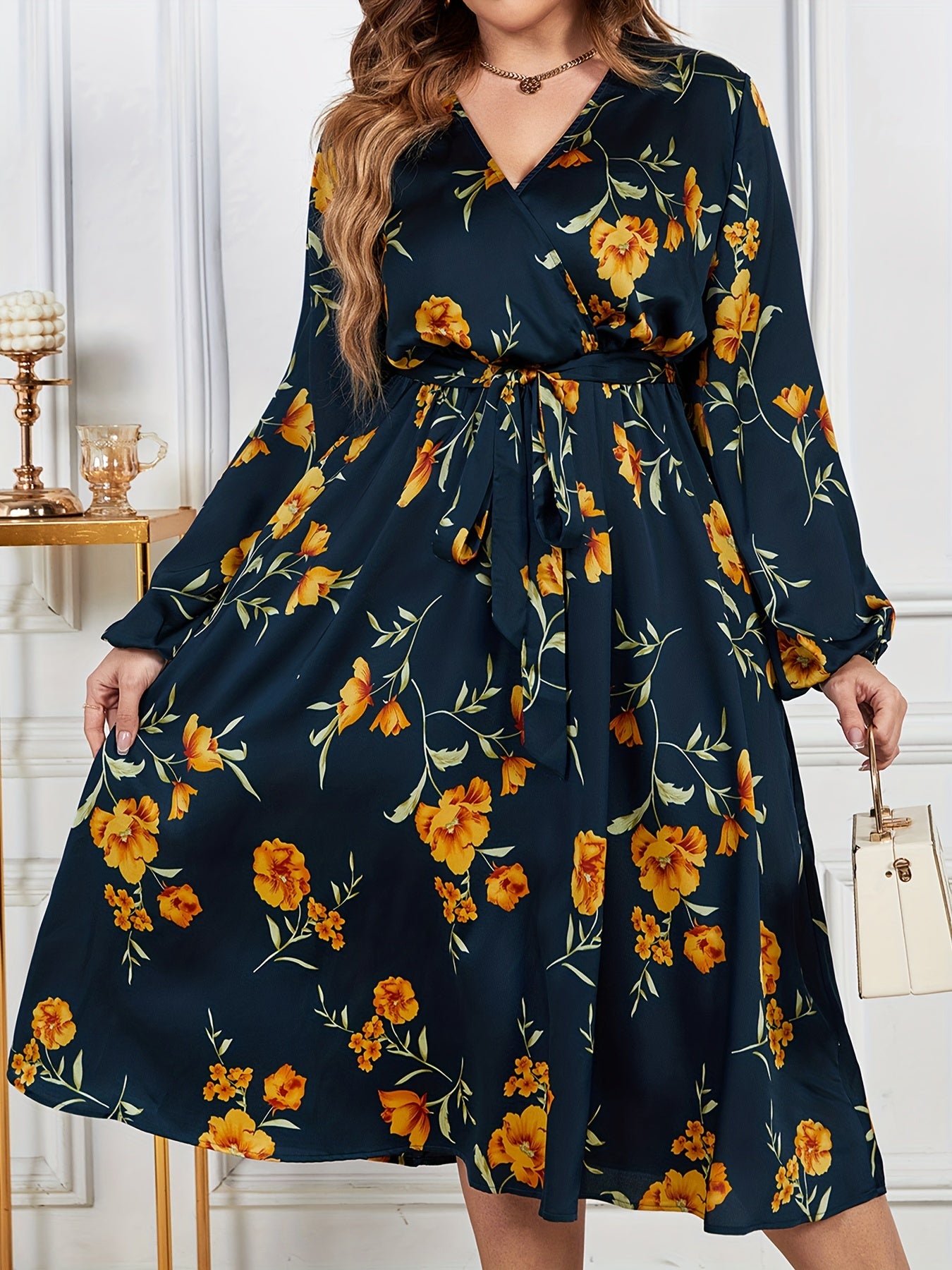 Floral Print Lantern Sleeve Dress with Belt