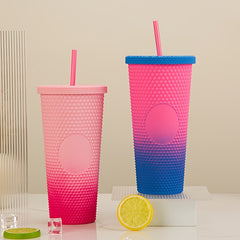 24oz Double Wall Plastic Straw Cup Frosted Gradient Water Cup