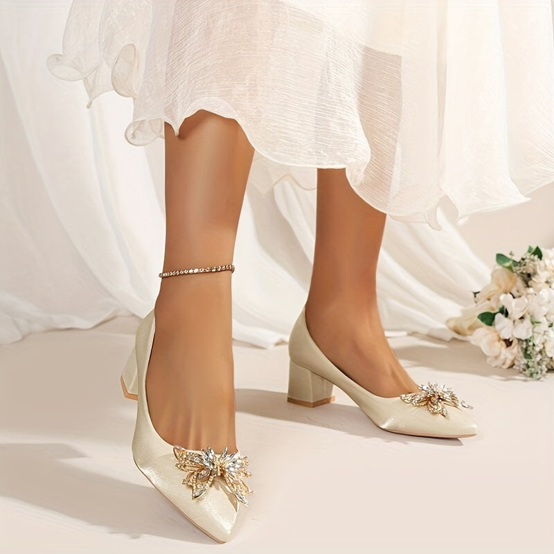Chunky Heeled Pointed Toe Pumps Wedding Shoes