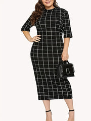  Grid Print Half Sleeve Round Neck Slim Fit Knee Length Dress