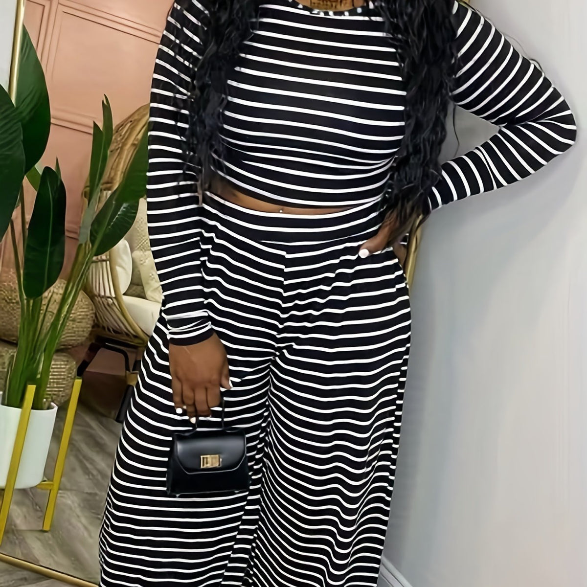  Striped Long Sleeve Crop Top & Wide Leg Pants Set