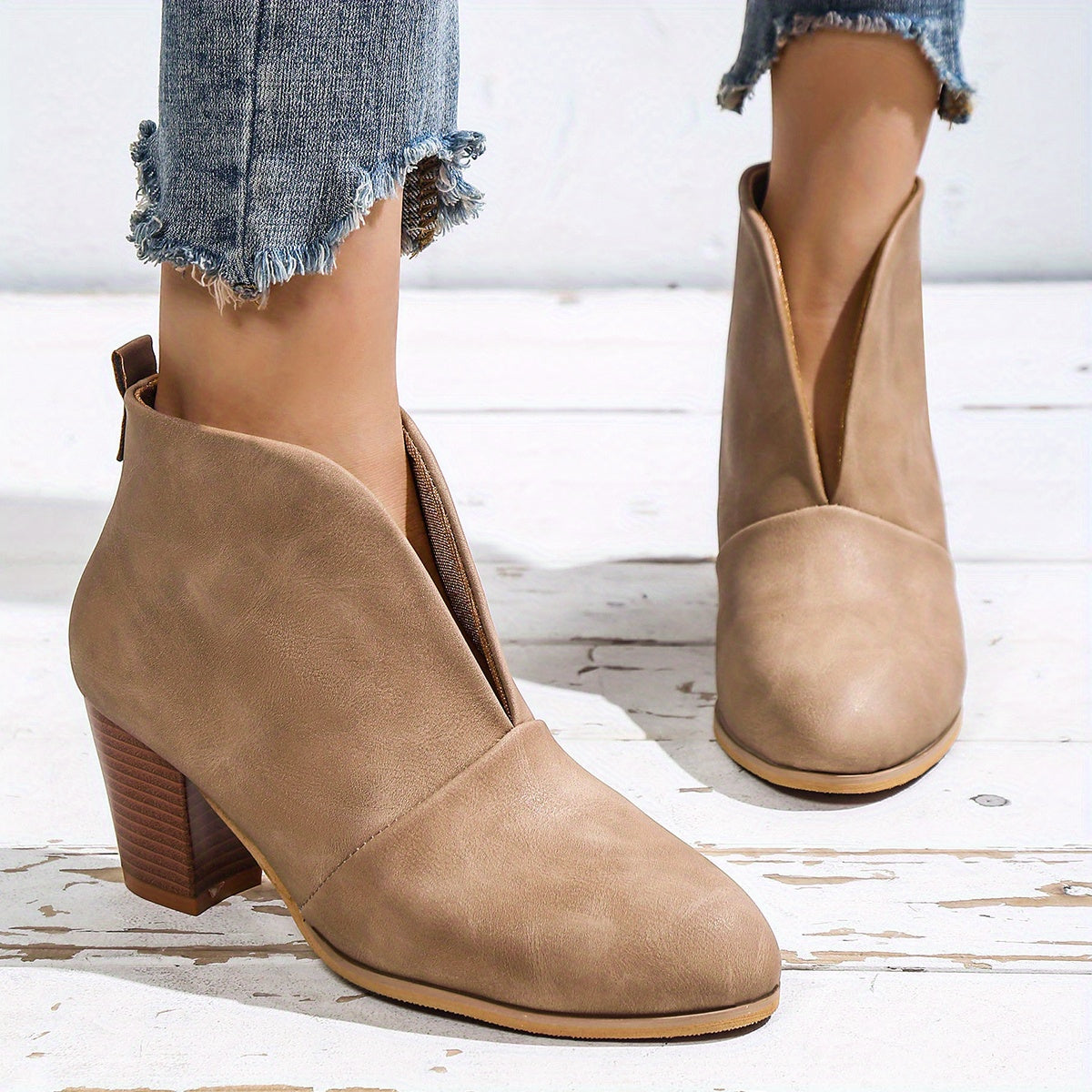 Women's Block Heel Short Boots Slip-On Comfortable Closed Toe Shoes