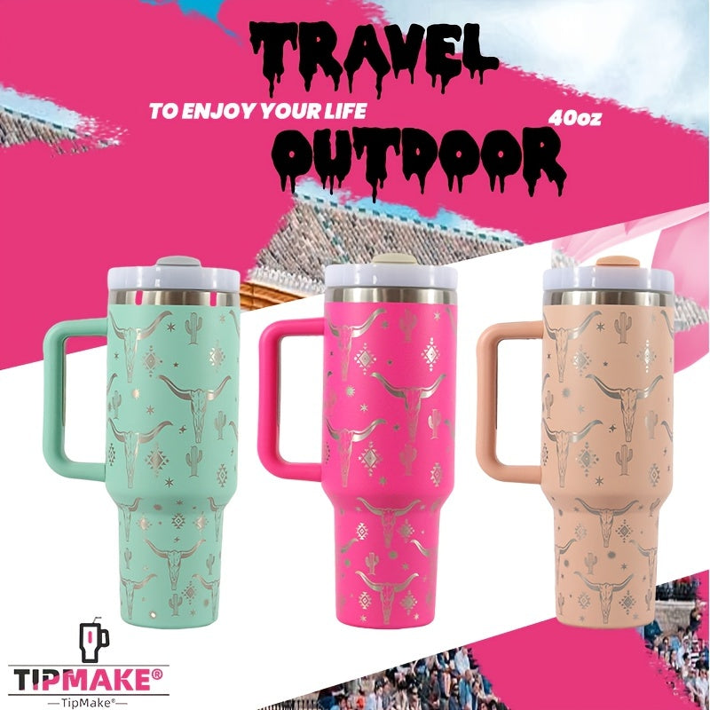 40oz Bull Head Pattern Water Bottle with Handle